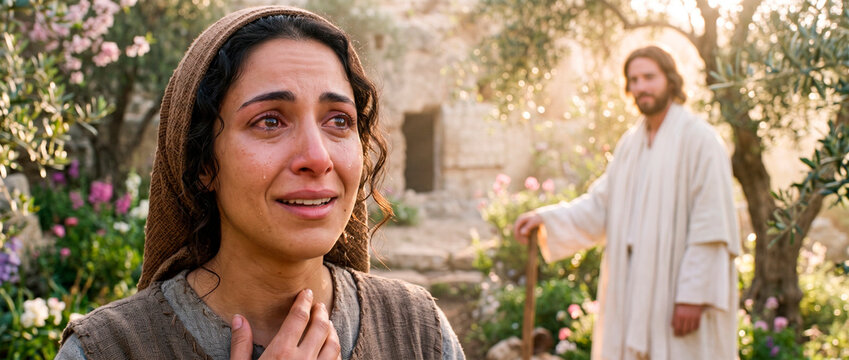Mary Magdalene crying and seeing resurrected Jesus in garden. Biblical scene representing the reunion at the tomb of Christ. Emotional encounter of faith and hope in the Christian religion.