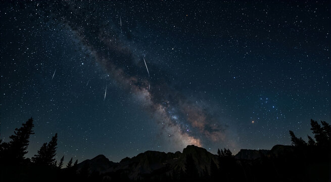 Milky Way galaxy and Perseid meteor shower over mountain range. Night sky star field with shooting stars and silhouetted pine trees. Astrophotography landscape