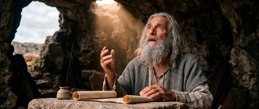 John the beloved man writing the book of Revelation on the island of Patmos. Biblical scene with prophet receiving a holy vision from heaven. Concept of divine prophecy and faith.