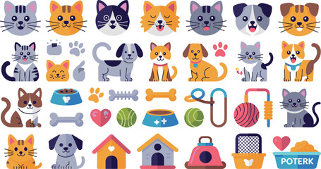 Obraz premium Cute Pet Icon Set Featuring Flat Vector Illustrations of Cats, Dogs, Puppies, Kittens, and Animal Care Elements for Graphic Design