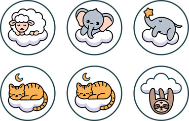 Fototapeta premium Cute Sleeping Animals Icon Badge Set with Kawaii Elephant Cat Sheep and Sloth on Clouds for Baby Nursery Decor Designs