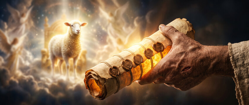Man hand holding antique scroll with seven seals in front of glowing lamb. Biblical scene of Jesus holding the scroll of Revelation. Concept of divine authority and spiritual redemption.