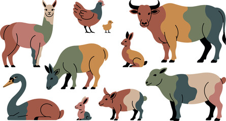 Naklejka premium Farm Animals and Poultry Vector Collection with Cow Sheep Pig and Llama for Organic Agriculture Brand Graphic Designs