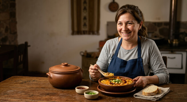 Woman eating locro stew in a rustic kitchen. Traditional south american food
