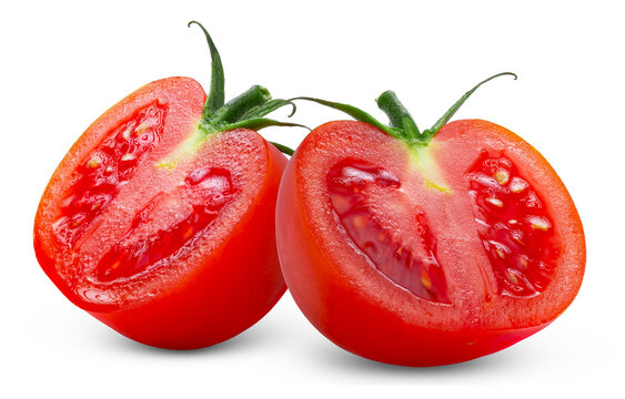 Two tomatoes halves isolated. Cut in a slice of tomato isolate. Half of tomato.