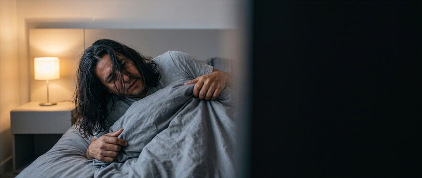 Long haired man waking distressed under blanket at night. Nightmare, insomnia and restless sleep concept