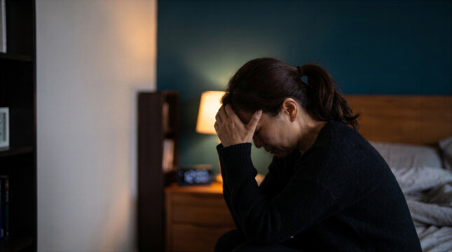 Middle aged woman sitting in bedroom with hand on forehead at night. Insomnia, fatigue and headache concept