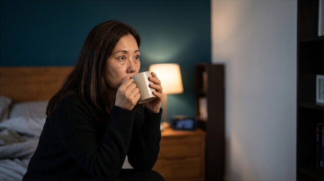 Asian woman drinking a warm beverage while awake in bedroom at night. Insomnia and calming bedtime routine concept