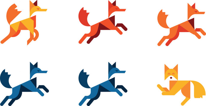 Geometric Polygonal Running Fox Icon Set with Origami Style Low Poly Wild Animal Logos for Branding and Creative Corporate Identity