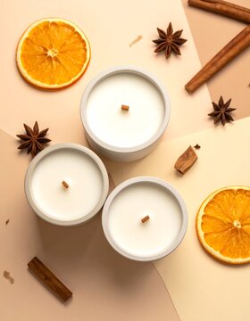 Cozy Autumn Scene with Three Soy Candles, Cinnamon Sticks, and Dried Orange Slices