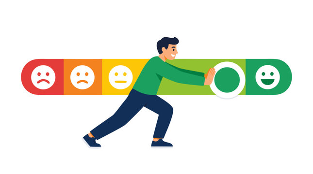 Smiling man pushing feedback slider toward excellent green rating emoji, customer satisfaction and positive review concept, bold flat vector illustration
