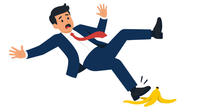 Businessman slipping on banana peel cartoon illustration depicting sudden failure, office worker falling backward with startled expression, bold flat colors, comic accident concept, stock vector