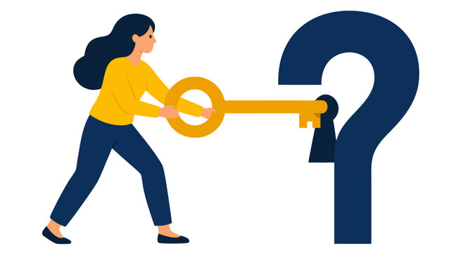 Woman holding large golden key inserting into question mark shaped keyhole, bold flat colors, problem solving concept, vector illustration of curiosity and unlocking answers