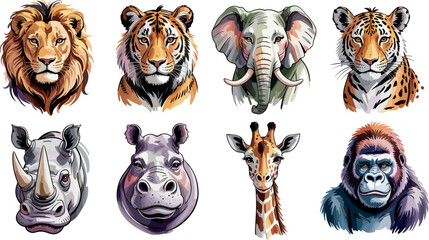 Watercolor Safari Wild Animal Portrait Vector Set Featuring Lion Tiger Elephant Rhino Hippo Giraffe and Gorilla Avatars © MstSabera