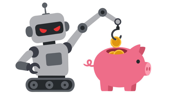 Evil robot with metal hook arm stealing gold coins from pink piggy bank, cartoon flat vector illustration depicting financial cybercrime, hacking, online theft, and digital fraud concept on isolated