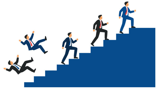 Businessmen climbing staircase in flat color vector illustration, some falling backward while others ascend steps, symbolizing success, competition, and corporate hierarchy