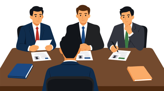Three businessmen interviewing a job candidate across a conference table, resumes and documents on desk, bold flat cartoon vector illustration