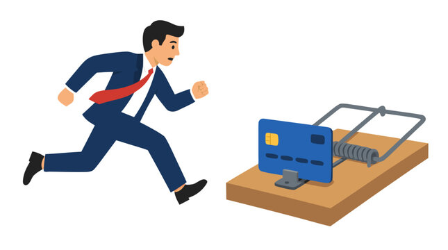 Alarmed businessman in suit and red tie running toward a credit card baited mouse trap on wooden board, financial scam, debt trap, phishing, fraud warning vector illustration