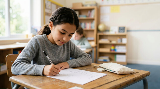 Focused young schoolgirl completing a math assignment at her desk. Female student writing equations on paper during a lesson in an elementary school classroom
