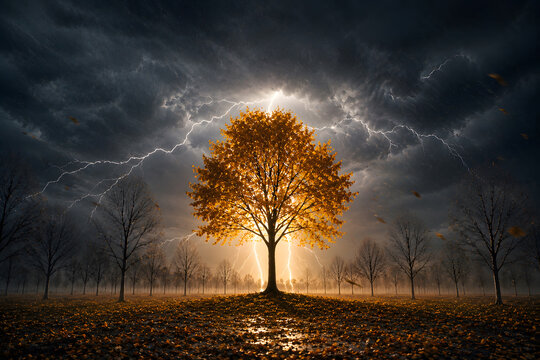 Lightning Illuminating a Lone Autumn Tree in Storm, Strength and Resilience Concept
