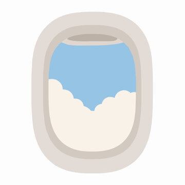 Hand-drawn vector illustration of a rounded airplane passenger window revealing a serene blue sky filled with fluffy white cumulus clouds drifting above the clouds during flight, simple flat design