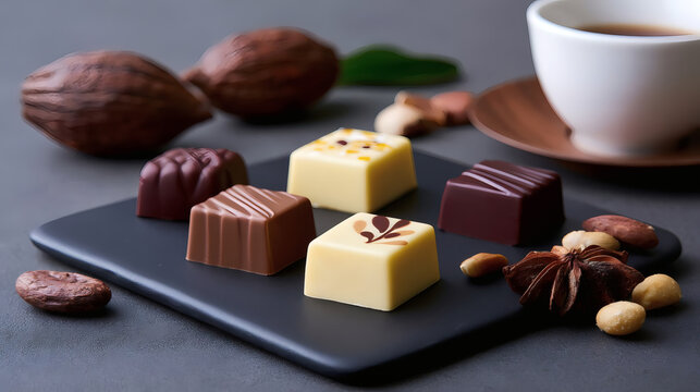 Assorted gourmet chocolates with nuts and cocoa beans on a black tray. Elegant dessert arrangement and a cup of coffee in the background, perfect for confectionery or cafe themes.