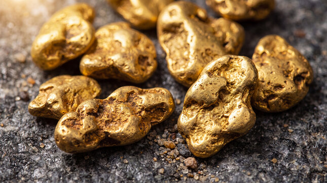 Raw Natural Gold Nuggets on Granite Rock Surface Mining Precious Metal Close Up Macro