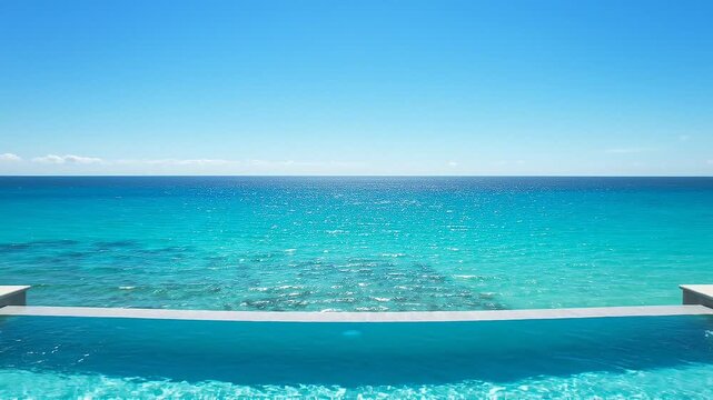 Aerial drone view of luxury infinity pool blending seamlessly with turquoise sea. Photorealistic travel and resort background footage with smooth camera movement.