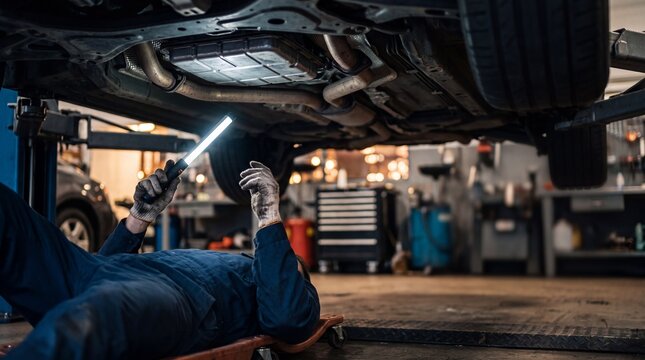 Auto Mechanic Using Flashlight Under Car In A Repair Shop