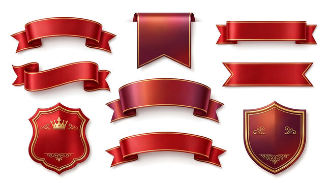 Set of elegant red ribbons and decorative shields