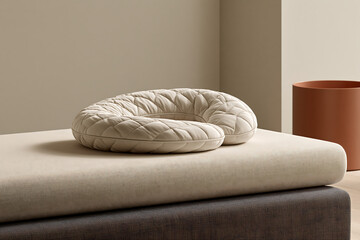 Obraz premium Quilted cream neck pillow on a beige bench with a dark grey base and orange cylinder accent
