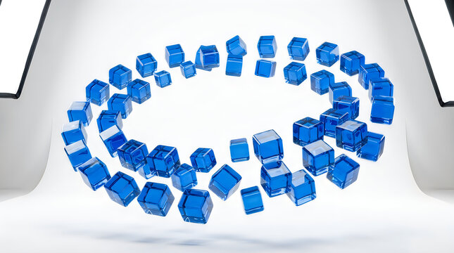 Dynamic composition of blue glass cubes suspended in mid-air motion, isolated on transparent background for high-end digital marketing and tech visuals.