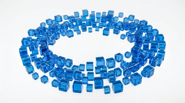 Abstract arrangement of numerous blue glass cubes floating in a circular formation, isolated on transparent background for professional graphic design.