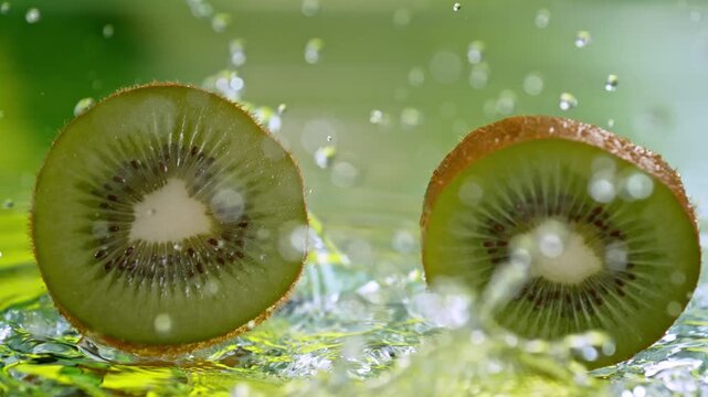 Super Slow Motion Shot of Fresh Kiwi Falling into Water and Making Splash at 1000fps.
