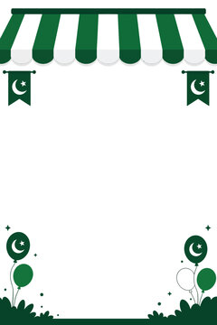 Pakistan Independence Day frame vector, green and white celebration border, national day background with awning and balloons