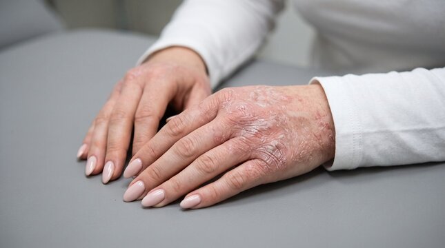 Close-up of a woman's hands showing severe dry skin and eczema symptoms