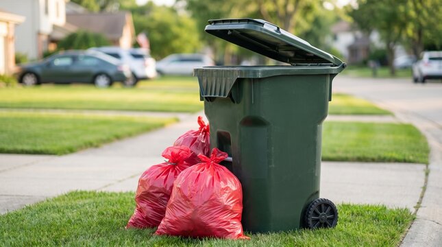 Green wheelie bin and red garbage bags on a suburban lawn for trash collection day