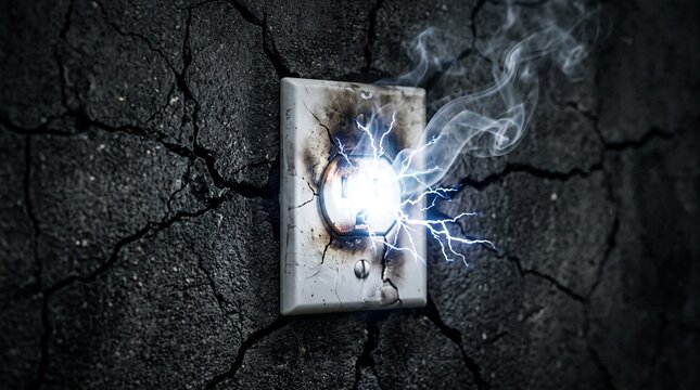 Electrical outlet short circuiting with sparks and smoke on a cracked wall