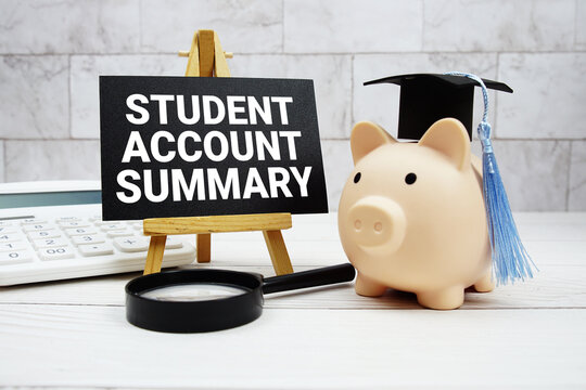 Student Account Summary text with magnifying glass and piggy bank waring graduation cap