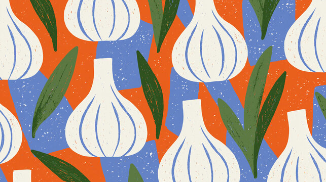 Colorful garlic pattern with stylized leaves on an abstract background.