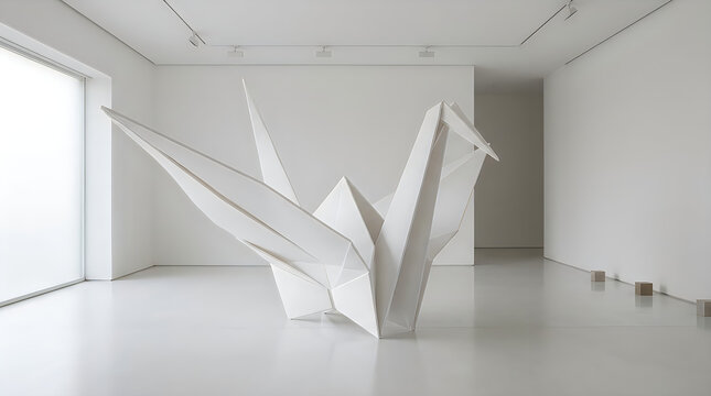 Large minimalist white paper crane sculpture displayed in a bright empty modern art gallery room, isolated on transparent background, clean architectural interior.
