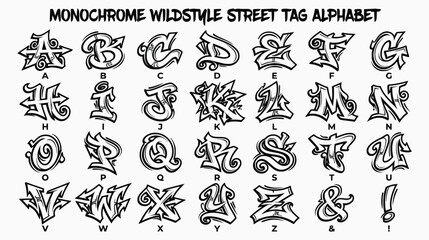 Obraz premium Wildstyle Graffiti Alphabet Set - Monochrome Street Tag Font Vector Letters A-Z