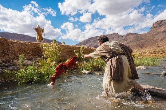 Elisha Dynamically Picks Up Elijah's Fallen Mantle by a River in the Ancient Near East, Symbolizing Prophetic Succession and Spiritual Inheritance.