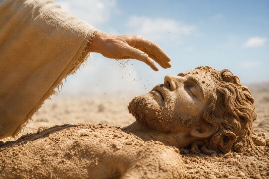 Adam's Divine Creation from the Dust of the Ground Unfolds in a Serene, Ancient Near East Setting, Capturing the Peaceful Genesis of the First Man.