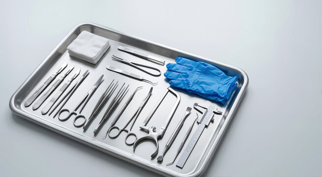 Flat lay of surgical and autopsy instruments on a stainless steel tray. Medical tools including scalpels scissors and bone saw with blue gloves. Forensic pathology equipment