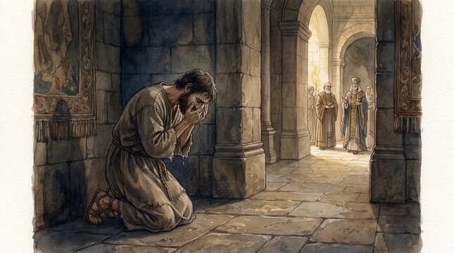 Humble man praying in the back of a temple. Parable of the Pharisee and the tax collector. Biblical watercolor illustration of mercy