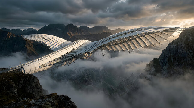 Futuristic ribbed wing structure spanning across misty mountain peaks at sunset, isolated on transparent background for composite landscape photography edits.