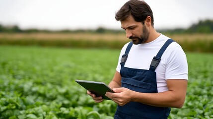 Fototapeta premium A man wearing overalls stands in a green field holding and looking at a tablet computer with focused attention