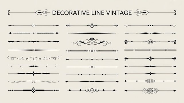 Set of decorative vintage line dividers and page borders on light beige background