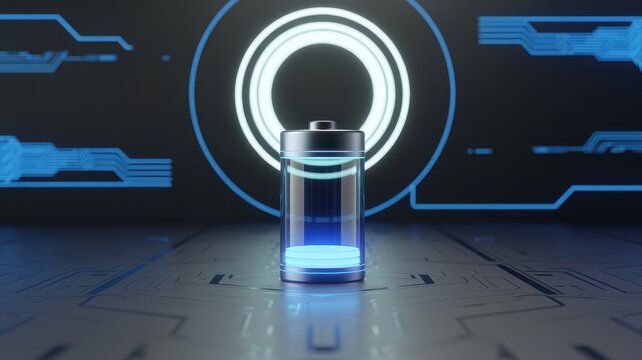 Futuristic blue battery cell with low charge level in advanced digital circuit background